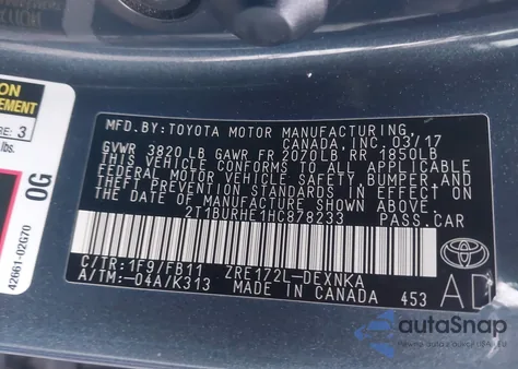 2017 Toyota Corolla Le из США, поврежденный, VIN 2T1BURHE1HC878233